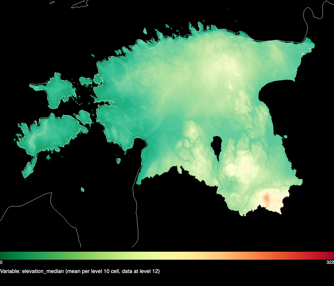 Screenshot of the gridlook web viewer: Estonia with its islands coloured by elevation from green in the lowlands to red in the uplands of the south-east.